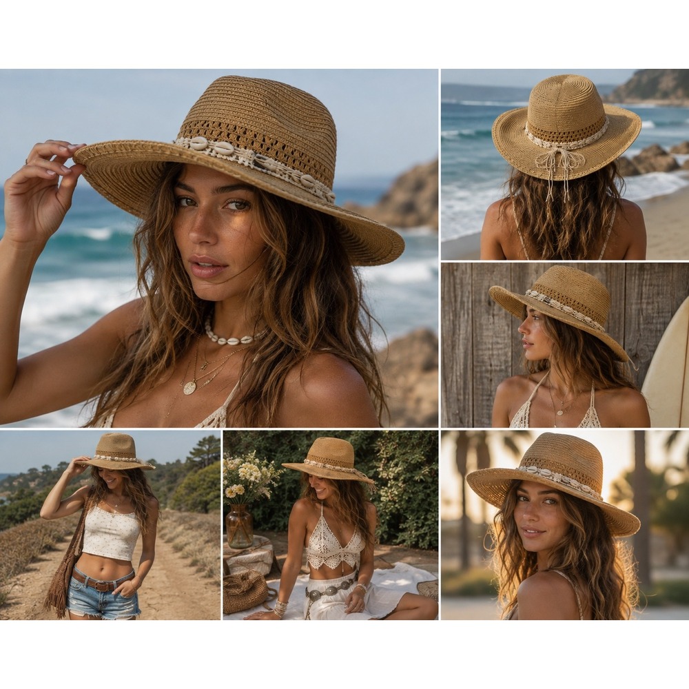 Sun N Sand Straw Sun Hat Cowrie Shell Macrame Band UPF 50+ Tan Fedora Beach